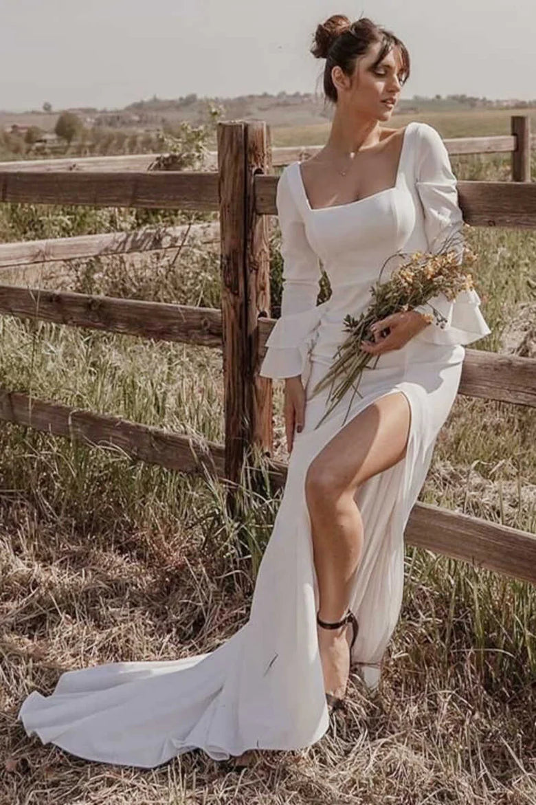 Vestido de novia largo con escote cuadrado, manga larga, cordones y abertura